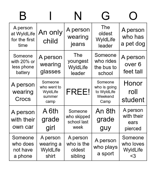 WyldLife Bingo Card