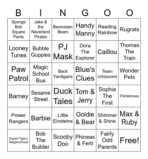 Cartoon Theme Songs Bingo Card