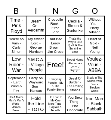 70's Hits! Bingo Card