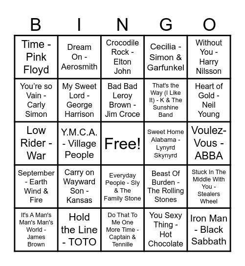 70's Hits! Bingo Card