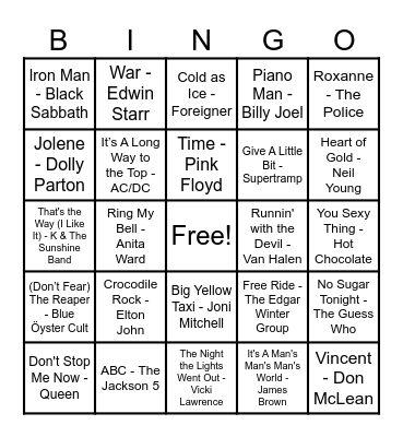 70's Hits! Bingo Card