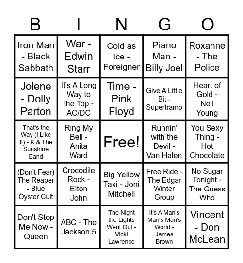 70's Hits! Bingo Card