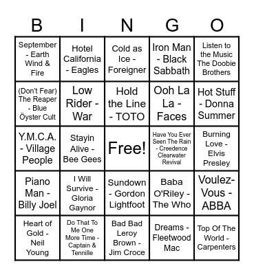70's Hits! Bingo Card