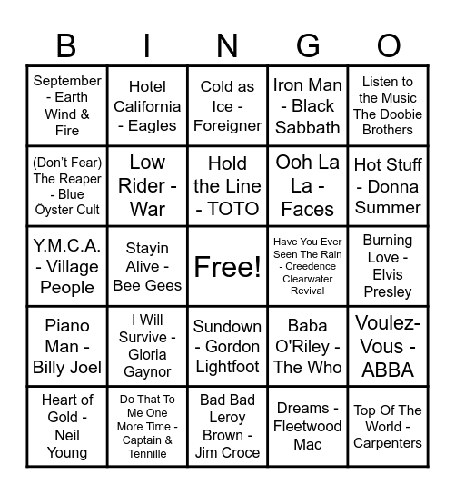 70's Hits! Bingo Card