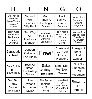 70's Hits! Bingo Card