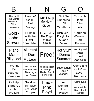 70's Hits! Bingo Card