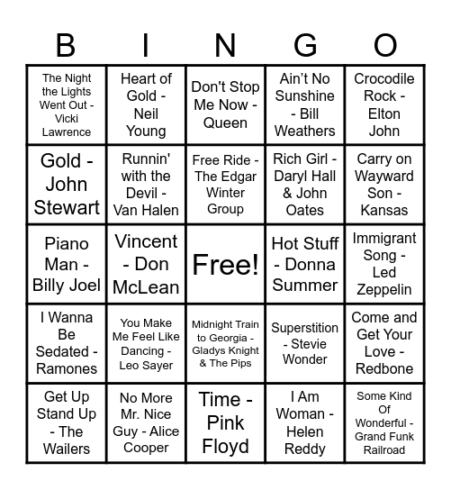 70's Hits! Bingo Card