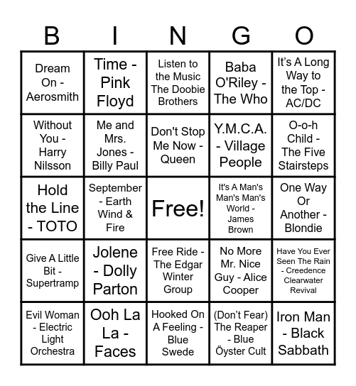 70's Hits! Bingo Card