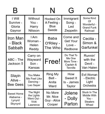 70's Hits! Bingo Card