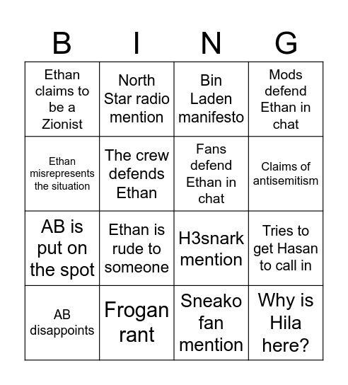 H3 Show after IG meltdown Bingo Card