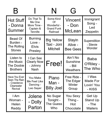 70's Hits! Bingo Card