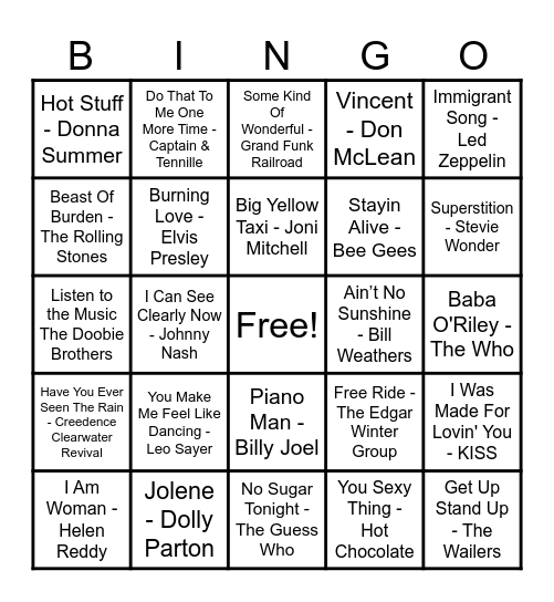 70's Hits! Bingo Card
