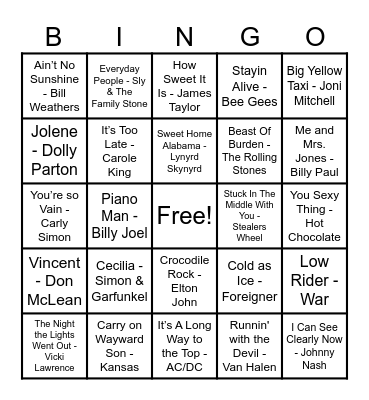 70's Hits! Bingo Card