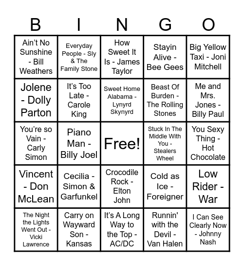 70's Hits! Bingo Card