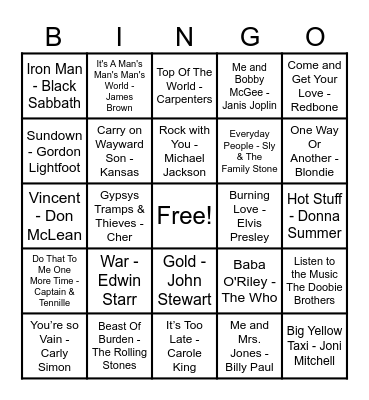 70's Hits! Bingo Card