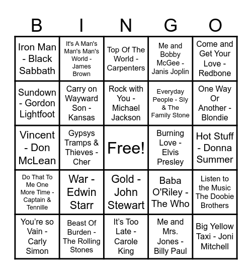 70's Hits! Bingo Card