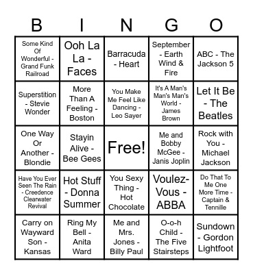 70's Hits! Bingo Card