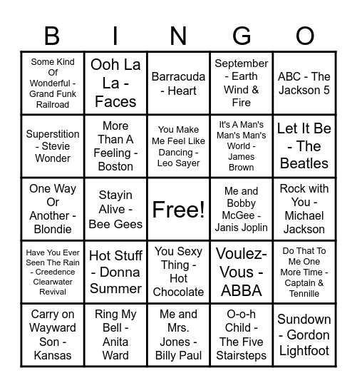 70's Hits! Bingo Card