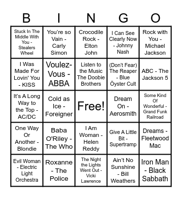 70's Hits! Bingo Card