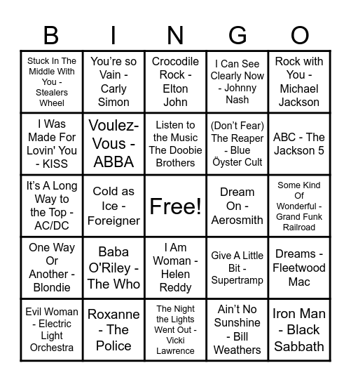 70's Hits! Bingo Card