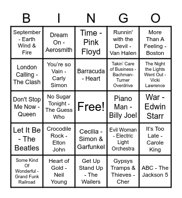 70's Hits! Bingo Card