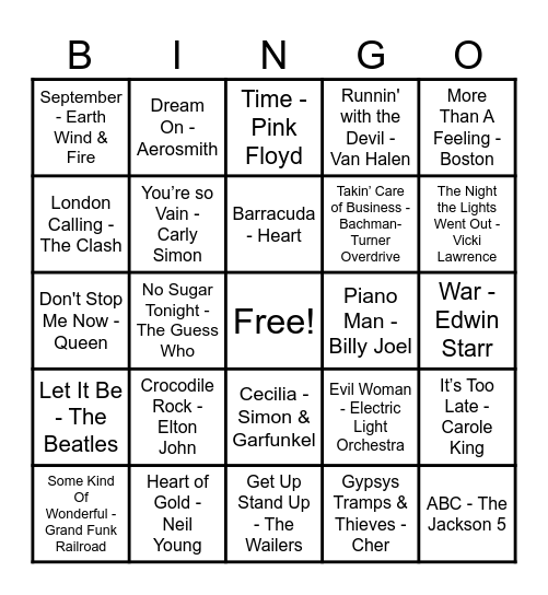70's Hits! Bingo Card