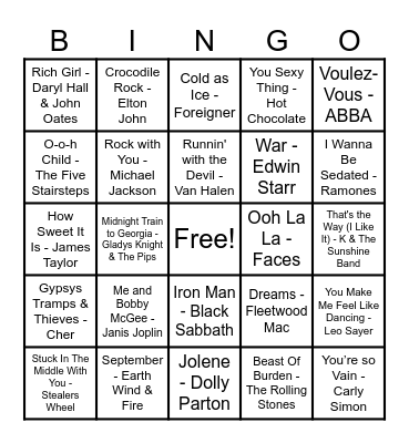 70's Hits! Bingo Card