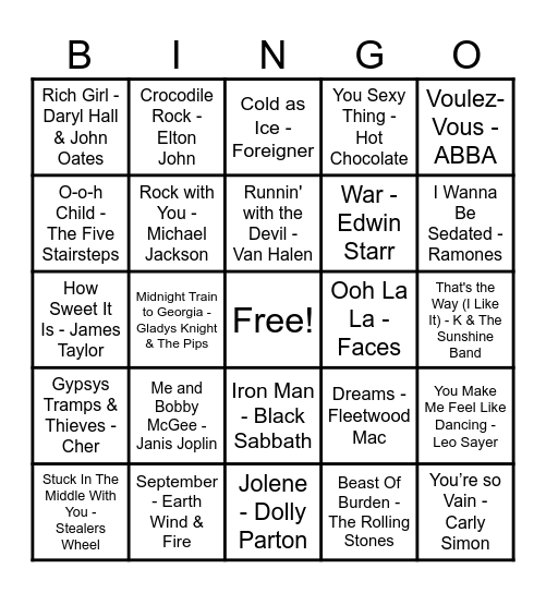 70's Hits! Bingo Card