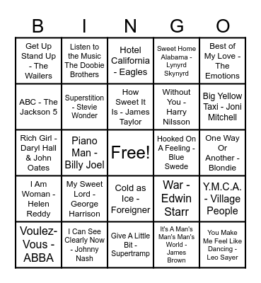 70's Hits! Bingo Card