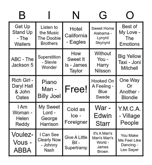 70's Hits! Bingo Card