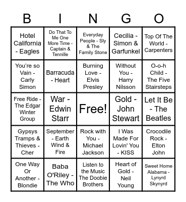 70's Hits! Bingo Card
