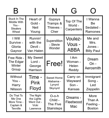 70's Hits! Bingo Card