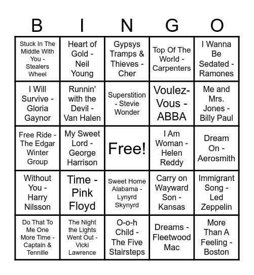 70's Hits! Bingo Card