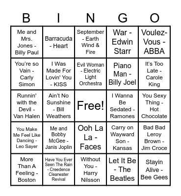 70's Hits! Bingo Card