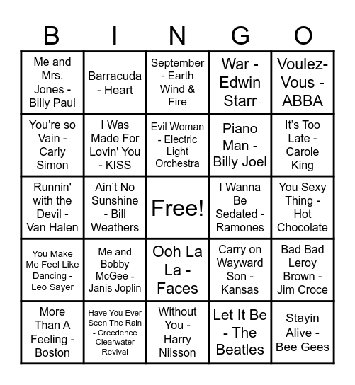 70's Hits! Bingo Card