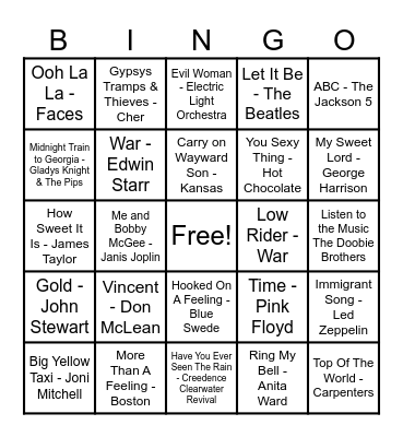 70's Hits! Bingo Card