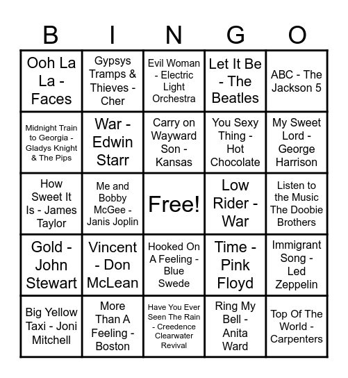 70's Hits! Bingo Card