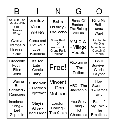 70's Hits! Bingo Card