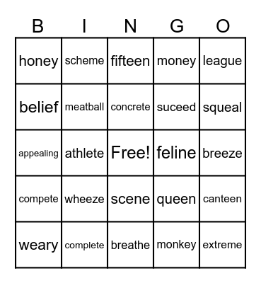 Long E Bingo Card