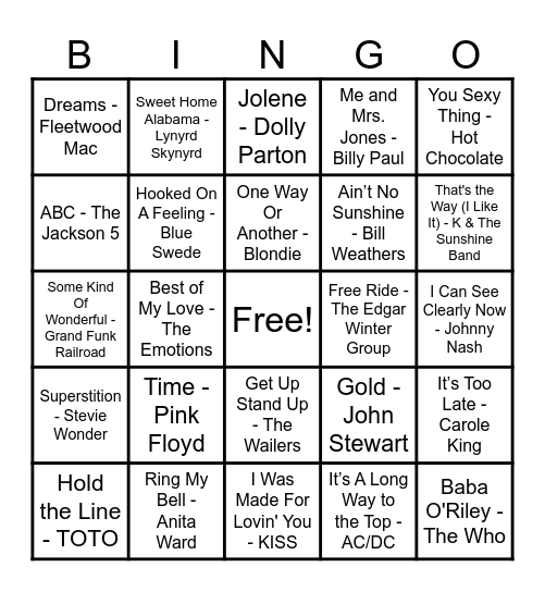 70's Hits! Bingo Card
