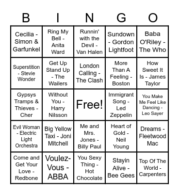 70's Hits! Bingo Card