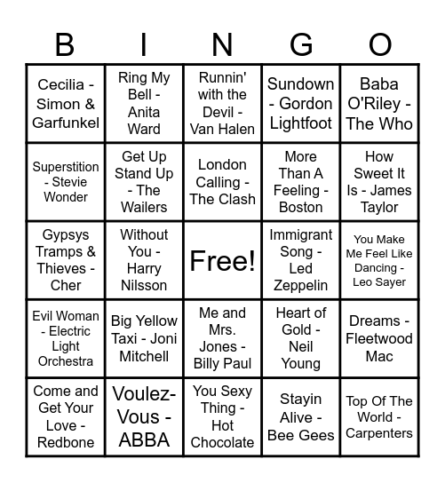 70's Hits! Bingo Card