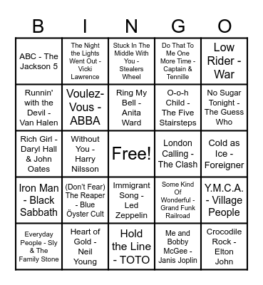 70's Hits! Bingo Card