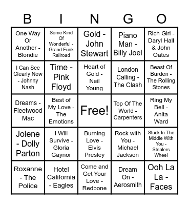 70's Hits! Bingo Card