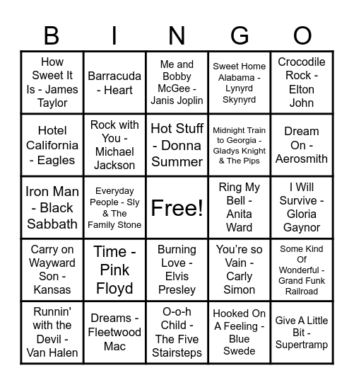70's Hits! Bingo Card