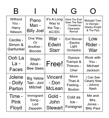 70's Hits! Bingo Card