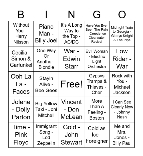 70's Hits! Bingo Card