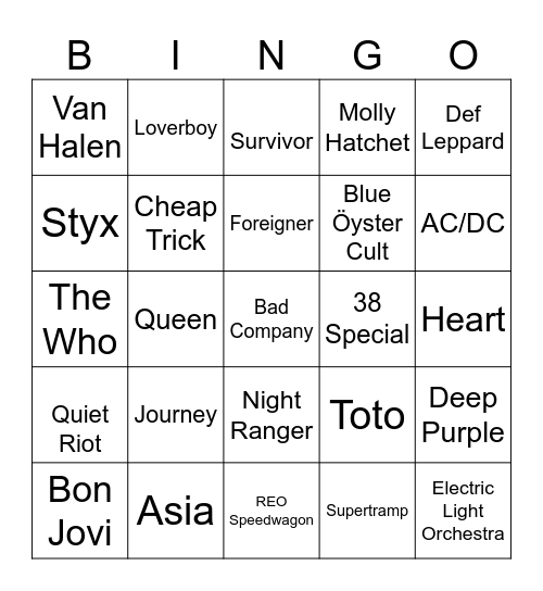 70s & 80s Arena Rock Bingo Card