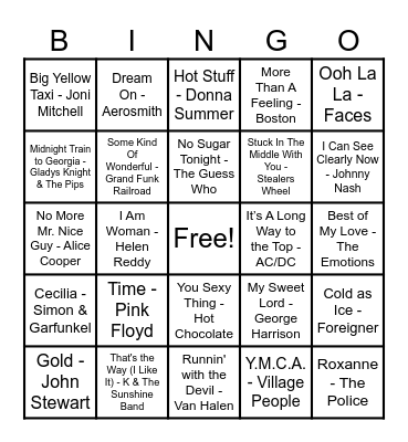 70's Hits! Bingo Card