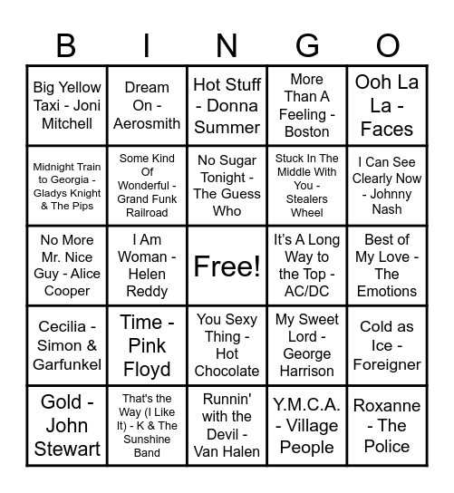 70's Hits! Bingo Card